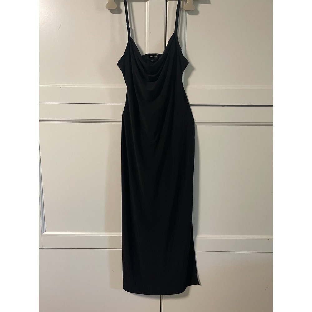 Bebe Black Cowl Neck Midi Dress Womens Small Bodycon Spaghetti Strap Side‎ Slit